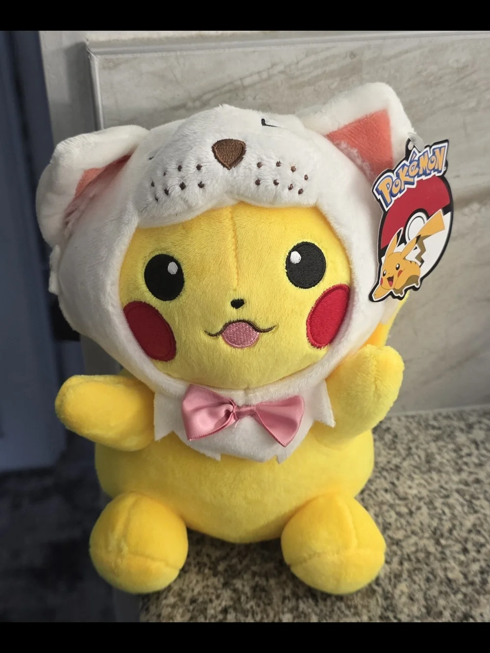 NWT Pokemon White Dog Head Hat Costume Pink Bow Tie Pikachu Plush 9